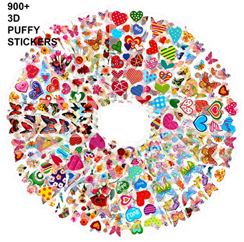HOWAF 50 Blatt 3D Aufkleber für Kinder Kleinkinder Geschwollen Stickers für Handwerk Scrapbooking Belohnung Jungen Mädchen Kindergeburtstag mitgebsel, Blume Schmetterling Herz