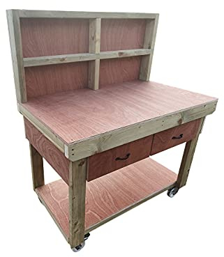 Arbor Garden Solutions Mobile Heavy Duty Workbench V.1 with Drawers & Back Panel – Eucalyptus Hardwood Plywood Top (180cm / 6ft Length)