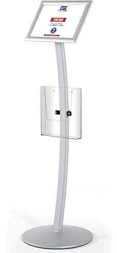 M&T Displays Curved Menu Board, 8.5x11 Inch Pedestal Sign Holder with 8.5x11 Inch Brochure Holder Silver Floor Standing Aluminum Front Loading Easy Open Poster Message Advertisement Post