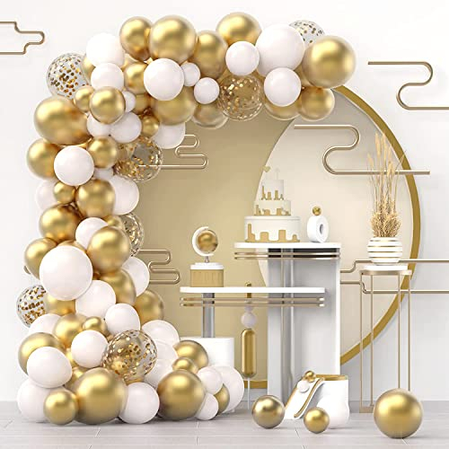 DUGEHO Arco di Palloncini Set di 70 Pezzi di Palloncini Compleanno Con Ghirlanda di Palloncini elio in Oro e Bianco, Palloncino in Lattice per Compleanno, Anniversario di Matrimonio