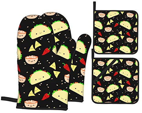 Niedliche Ofenhandschuhe und Topflappen im Pizza-Design, hitzebeständige Handschuhe für Küche, Kochen, Backen, Grillen, Grillen, 4 Stück