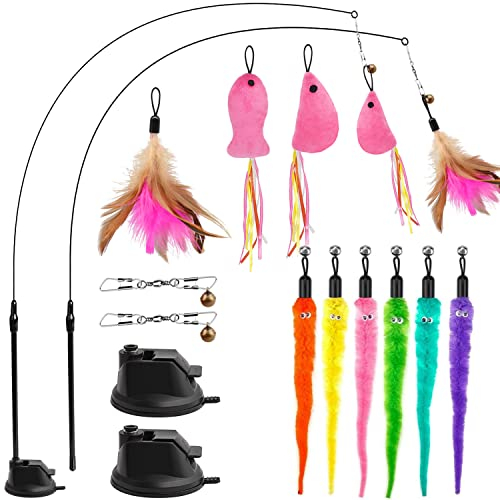 Interaktives Katzenspielzeug Angel mit Feder- Intelligenz Spielzeug für Katzen Federspielzeug Mit Saugnapf für Kitten SelbstbeschäFtigung (13 STK Feder/Maus/Fisch)