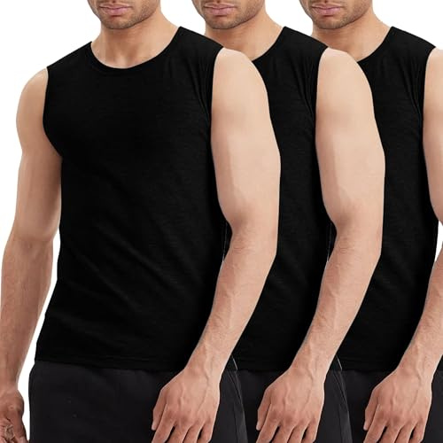LiKing Camiseta sin Mangas para Hombre,100% algodón, Pack de 3 Camisetas de Tirantes para Hombre,sin Mangas, con Cuello Redondo,elástica para Gimnasio Camiseta de Ocio Negro L