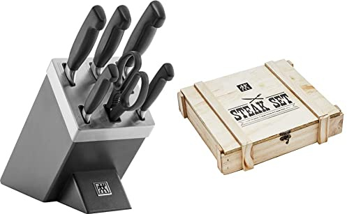 ZWILLING Selbstschärfender Messerblock, 7 teilig, grau, Vier Sterne & 07150-359-0 Steak Besteckset in rustikaler Holzbox, Edelstahl, 12-teilig