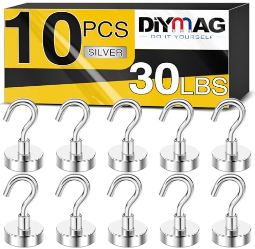 DIYMAG Magnetic Hooks for Cruise Cabins, 10 Pack 30lbs 2026 Ship Essentials N52 Magnet Hook Heavy Duty Strong Magnets Fridge for Hanging Cubicle Accessories Classroom Beach Kitchen Grills Silver