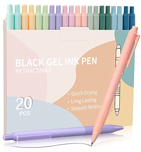 Gel Ink Rollerball Pens, 20 Pack 0.5mm Black Retractable Pastel Ballpoint Pen for Students Adult Handwriting Note Taking School & Office Supplies