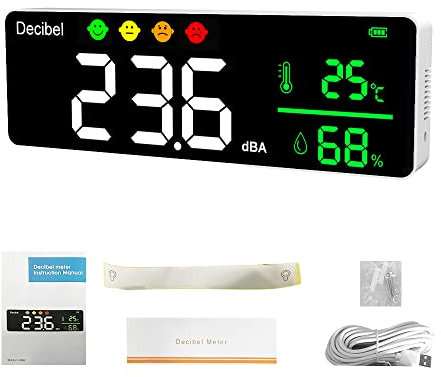 Daoco Instrument de Mesure du Bruit Décibel numérique Sonomètre Compteur de température Humidimètre Détecteur 3-en-1 Détecteur Mural intérieur Grand écran testeur White