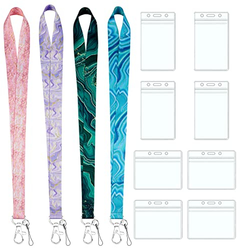 Bunt Schlüsselband mit Kartenhülle Set, 4 Stück Schlüsselband Lang mit 8 Stück Ausweishülle Hartplastik, Hals-Umhängeband mit Hartplastik ID Kartenhalter, für Ausweis, Schule, Büro