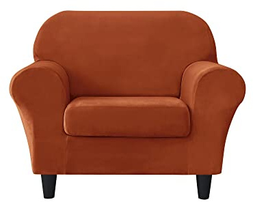 OBCREAT 2 Pieces Sofa Slipcover Stretch Velvet Sofa Chair Covers Soft Armchair Cover with Elastic Bottom Non Slip Furniture Protector for Pets Kids (Burnt Orange, Small)