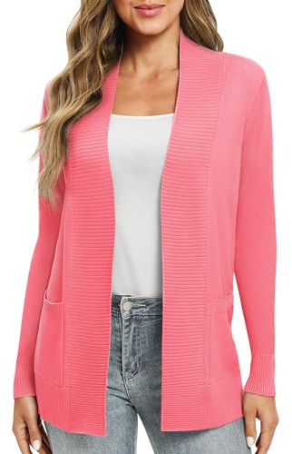 EXCHIC Donna Casuale Manica Lunga Lavorare a Maglia Cardigan Leggero Comodo Fronte Aperto Maglioni Lunghi con Tasche