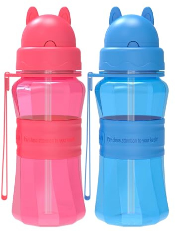 Sigdio Gourde pour Enfants avec Paille 2 Pièces Bouteille d'eau Enfant sans BPA pour Maternelle, École et Activités extérieure (Bleu et Rose Rouge)