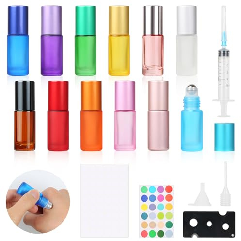Omsscun 12Pcs 5ml Essential Oils Roller Bottles with Stainless Steel Balls | Empty Glass Roller Bottles, 12 Colours, Includes Funnel, Refillable Roller Bottles For Essential Oils, Aromatherapy, Perfume