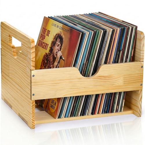 ZOOFOX Vinyl Record Storage Crate, Wood Crate Unfinished, Wooden Record Holder Stores up to 80 Albums, Large LP Album Shelf Vinyl Storage Cube Organizer Box