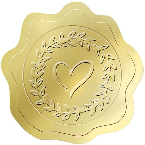 PigPotParty 100 PCS Gold Embossed Envelope Stickes - Heart Stickes Foil Envelope Seal for Valentine' Day, Wedding Invitations, Greeting Cards, Party Favors, Self-Adhesive