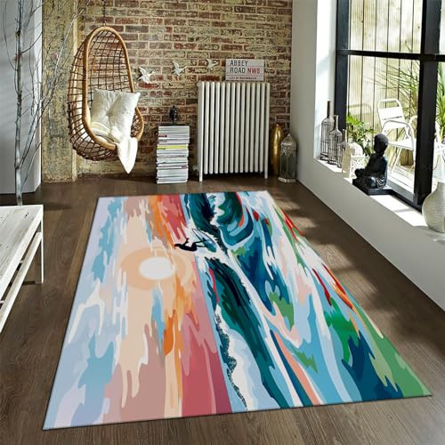 LANDERSION Bunter Cartoon-Teppich 160x200cm - Surfen Rutschfester waschbarer Teppich für Schlafzimmer Spielzimmer Mehrfarbig Tropischer Urlaub Niederflorteppich