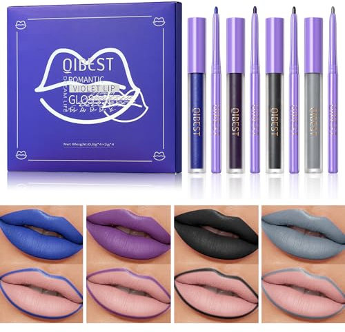 Likesing 8 Piezas Pintalabios Permanente Perfilador Labios Negro Brillo Barra de Labios Labiales Mate Azul Larga Duracion Labial Delineador Labios Lip Tint Lip Liner Maquillaje Kit Mujer Regalo