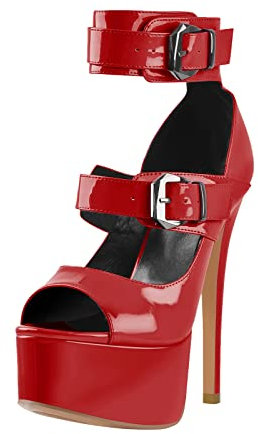 MissHeel Plateau Peep Toe Pumps Schnallen Absatzschuhe High Heels Stilettos Rot Pumps EU 39