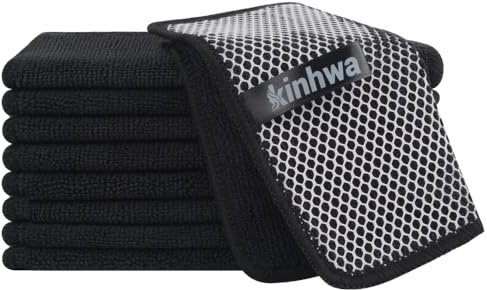 KinHwa Kökstvättdukar för tallrikar absorberande mikrofiberdisktrasor snabbtorkande disktrasor med poly scrub sida idealisk för köksrengöring (svart, 17,78 cm x 17,78 cm 9-pack)