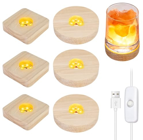 6 Piezas Base de Exhibición de Luces LED, Base de Madera con Luz Led, Soporte de Base Iluminada Redonda Cuadrado con USB para Pantalla De Escritorio Bola De Cristal, Vidrio, Acrílica, Resina
