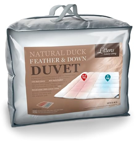 Littens Dual Zone 9 & 13.5 Tog Double Bed Size Duck Feather Down Duvet Quilt, 15% Down, 230TC 100% Down-Proof Cotton, Energy Efficient, Warm & Cool 200cm x 200cm