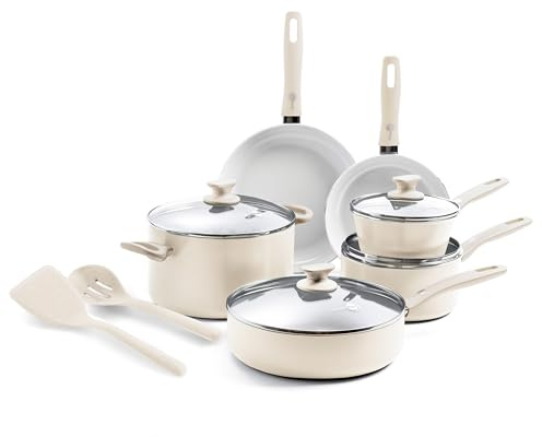 Greenpan Dover - Juego de ollas y sartenes antiadherentes de cerámica saludable, 12 piezas, sin PFAS, apto para lavavajillas, mango de agarre cómodo, color blanco crema