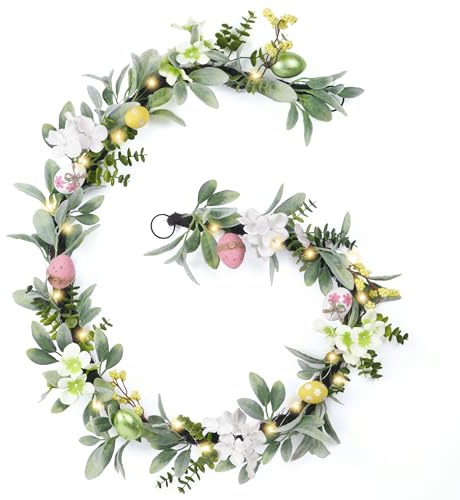 Valery Madelyn 6ft Lighted Easter Garland for Mantle Fireplace, Artificial Spring Flower Garland with Pastel Eggs & Daisy Flower, Artificial Lambs Ear Greenery Farmhouse Easter Decor for Home Indoor