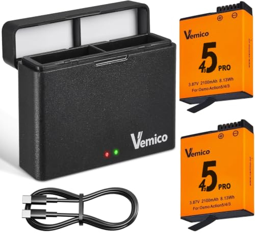 Vemico OSMO Action 6 Akku Ladegerät Set 2X 2100mAh Ersatzakku | Typ-C Dual LED Ladegerät für OSMO Action 6, OSMO Action 5 Pro, OSMO Action 5, OSMO Action 4, OSMO Action 3, OSMO 360