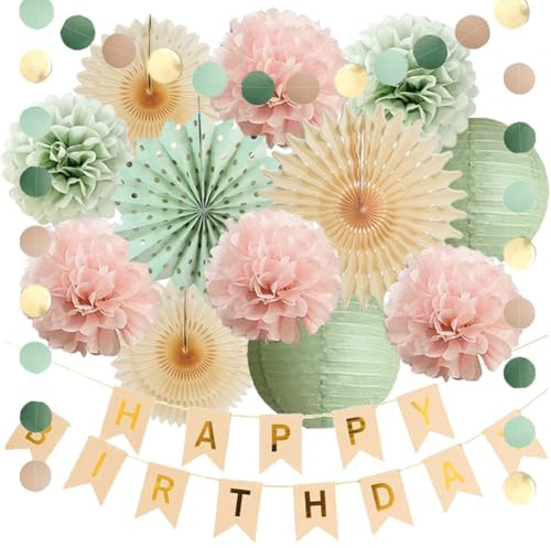 Geburtstagsdeko Salbeigrün Hellrosa Mädchen Deko Geburtstag Salbeigrün Rosa Boho Geburtstagsdeko Hellrosa Pastellgrün mit Happy Birthday Banner Beige Gold für Frauen