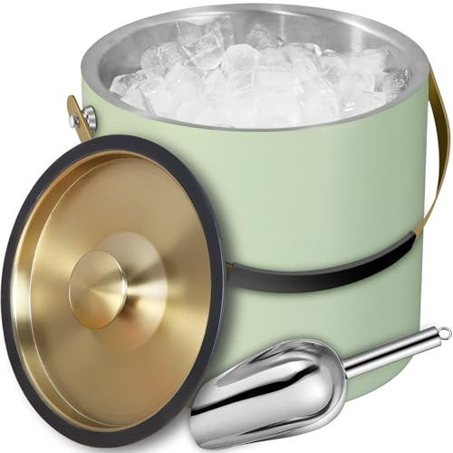 Secchiello per il ghiaccio in acciaio inox da 3,2 l, con coperchio e paletta, secchiello per ghiaccio a doppia parete isolante per cocktail bar e feste (verde menta)