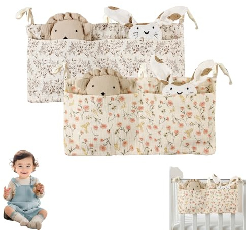 Borsa Appendere per Lettino,2 Pezzi Organizer per Cameretta dei Bambini,Tasche Portaoggetti Letto,Portaoggetti Tasca da Appendere per Letto Usato per Riporre Vestiti Pannolini Giocattoli(Kaki+Rosa)