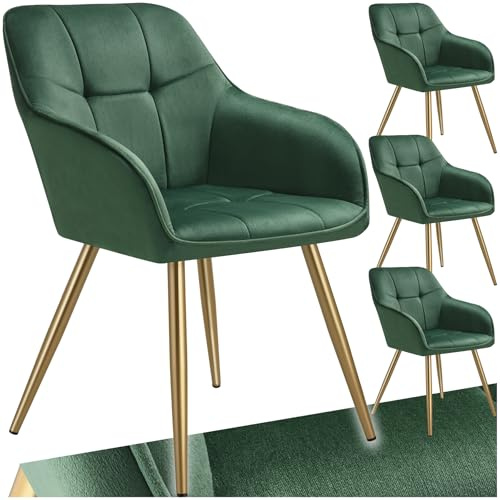 tectake® Set med 4 karmstolar med quiltat sammetslook, elegant stol med bekvämt ryggstöd och armstöd, stabila stålben med halkfria plastkåpor och tidlös design, passar perfekt i matsal - Mörkgrön/Guld