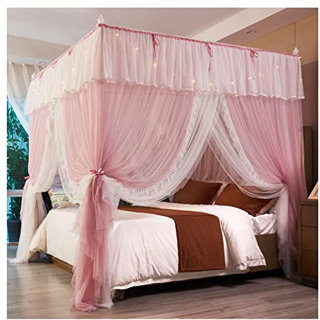 RDWQDGJG Bedcurtain Doppelbett Deluxe Betthimmel für Einzel-Doppelbett, Prinzessinnenzimmer Romantischer Spitzenbettvorhang Schlafzimmerdekor (Farbe: Rosa, Größe: 180 x 220 cm)
