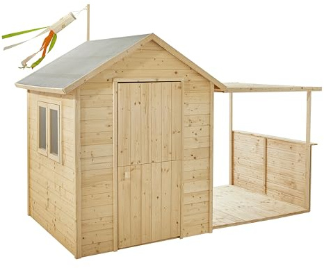 SOULET - Casita de Madera Infantil con Porche Eugénie 160x120x120 cm - Casita de Juegos para Niños - Cabaña de Madera para Jardín - Porche Cubierto - Fácil Montaje y Diseño Seguro