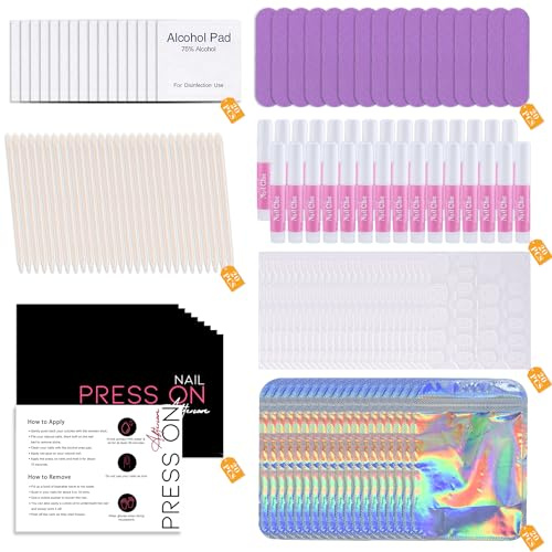 Press-On Nails Starter Kit Professionell, Einweg-Nail Prep Kit mit Nagelkleber, Feile, Kleber, Prep-Pads, Anleitung, Klebetabs, Holzstäbchen, Beutel (Lila)