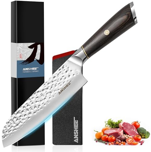 anshee 7 Inch Japanese Santoku Knife with Sheath Gift Box-Hammered Finish High-Carbon Stainless Steel Precision Chef Knife Wood Handle,Multipurpose Kitchen Knife for Slicing Meat,Vegetables,Fruits