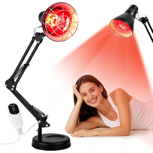 VOVIPO 150W Lampada di calore a infrarossi,Terapia del dolore alla luce rossa,Lampada di calore a infrarossi per casa con timer, Braccio leggero di supporto regolabile e controllo della temperatura,BK
