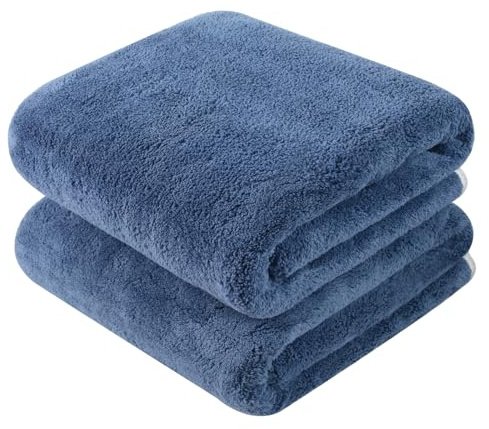 KinHwa Mikrofaser Badetuch Groß 76x152 cm Flauschig 2er Set-Blau | Dichte Korallfleece-Struktur, saugstark und angenehm weich. Trocknet schnell, ideal für Dusche, Sauna und Zuhause