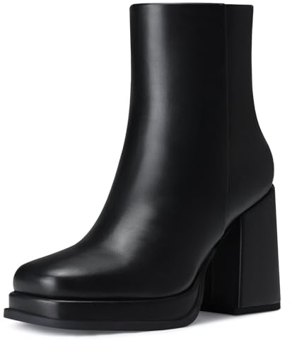 CELLENZ Women Platform Ankle Boots: Fashion Platform Boots - Black Leather Fall Ankle Boots - Chunky Heel Short Booties Womens Size 7