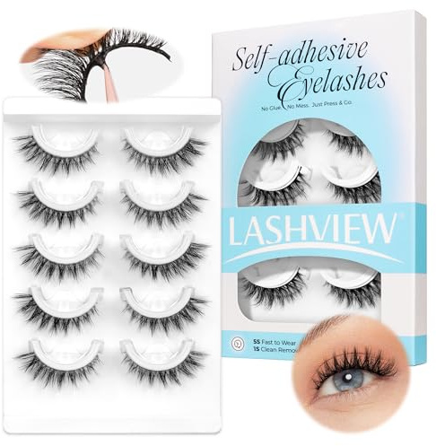 LASHVIEW Selbstklebende Wimpern 5 Paare Natürlicher Look Press-on Künstliche Wimpern ohne Kleber Wiederverwendbar Cat Eye Wispy Pre Glued Fake Lashes mit Ersatzklebstreifen (CV105)