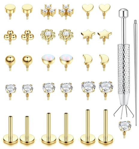 LOLIAS 18G Flat Back Stud Earrings for Women - Hypoallergenic Surgical Steel Nose Studs Internal Thread Piercing Jewelry for Tragus Helix Cartilage Conch 14K Gold Plated Lip Labret Medusa Piercing