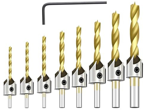 8 Piezas Avellanador Madera, 3/4/5/6/7/8/9/10 mm, con Llave Hexagonal, Acero al Carbono, Dispositivo de Biselado de 5 Aristas de Corte, para Madera, Plásticos, Metales Blandos (Plata)