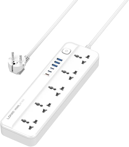 MANTO Regleta con 5 enchufes universales y 6 Puertos USB (3 Puertos USB-C PD de 20 W + 3 Puertos USB-A), 2500 W con Interruptor, protección contra sobretensiones, Cable de 2 m para casa, Oficina