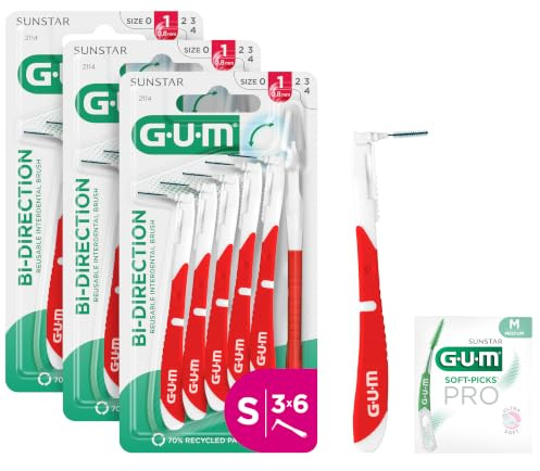 GUM BI-DIRECTION Brossettes interdentaires orientables en 2 positions | Positionnement à 90 | Nettoyage des dents et élimination de la plaque dentaire | 0.7mm, ISO 1 | Taille S | Lot de 3x6 + 1 bonus