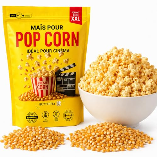 Maïs à Popcorn 1800g XXL – Butterfly Popcorn Bomb | Popcorn Maïs Doux & Salé | Sans OGM, Naturellement Sans Gluten | Sachet Zip + 2 Pochettes Papier Cinéma | Compatible Flavacol