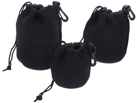 jojofuny 3 Stück Kameraobjektivtasche Neopren Mit Kordelzug Gepolstert Wasserabweisend Handschlaufen Und Karabiner Outdoor Objektivschutz