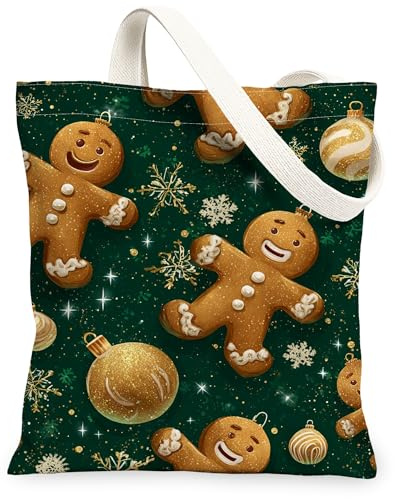 Sacs fourre-tout en toile de pain d'épice de Noël, sacs réutilisables, vintage légers et lavables avec bandoulière, vert, 13x15 Inch