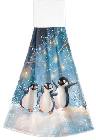 OSYWENRY Penguin Family Slide Hanging Kitchen Towels Set of 2, Soft Coral Fleece Hand Towels with Hook Loop, Super Absorbent Quick Dry for Bathroom Laundry Room