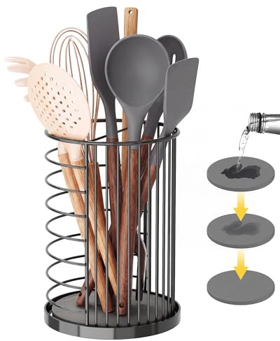 NiHome Kitchen Utensil Holder for Countertop - 14x18.6cm Large Cooking Utensil Organizer with Dual-Circulation Vent & Removable Diatomite Base, Matte Black Metal Spatula Holder Container