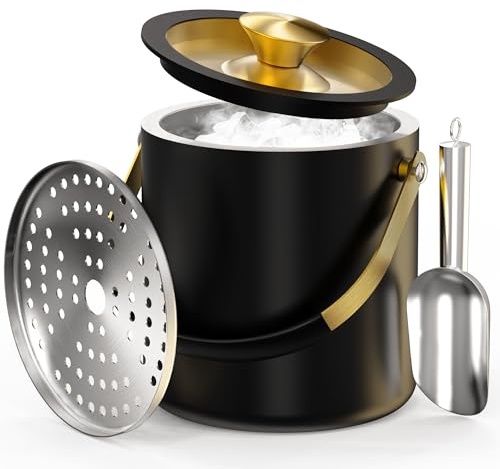 3,2L Eiswürfelbehälter mit Deckel, Doppelwandiger Isolierter Eisbehälter für die Eiswürfel Aufbewahrung, Eisbehälter für Bar & Party (Schwarz)