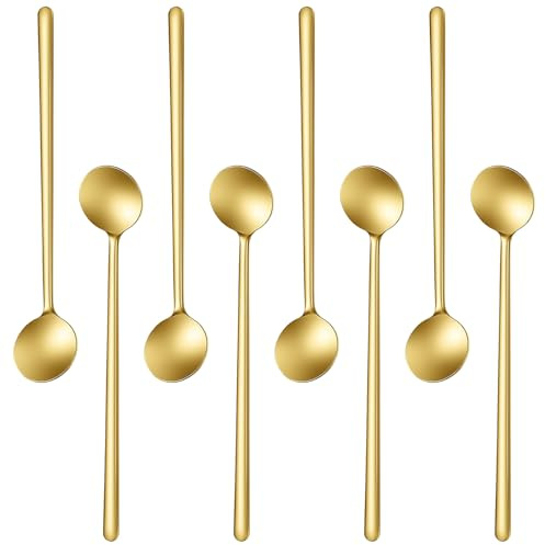 Xindojuz 8 PCS 6.7 Inch Long Handle Espresso Spoons, Stainless Steel Gold Coffee Spoons Set for Stirring Sugar Dessert Cake Ice Cream Sundae Latte Soup Antipasto Cappuccino Coffee Tea Bar Spoon